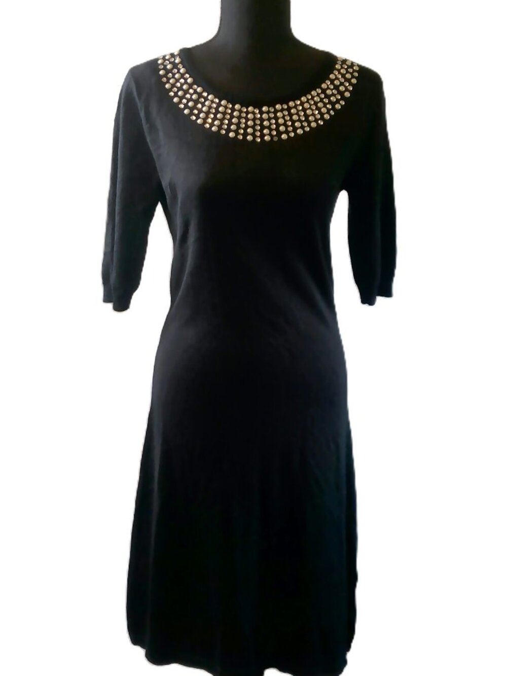 Allison Brittney Black Knit Dress S Pearl Rhinestone Neckline Back Zip 3/4 Slee
